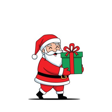 Noel Baba, Noel bayramı kutlamaları için kırmızı kurdeleli büyük yeşil bir hediye kutusu taşırken mutlu yürüyüşler..