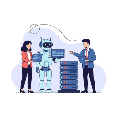 Bilgi işlem ekibi, modern bir laboratuarda veri sunucu raflarını ve yapay zeka sistemi entegrasyonunu yöneten gelişmiş bir robotla birlikte çalışıyor..