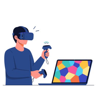 Teknoloji meraklısı bir adam sanal gerçeklik kulaklığı takıyor ve modern dizüstü bilgisayarının yanındaki dijital içerikle etkileşime geçmek için el kumandası kullanıyor..