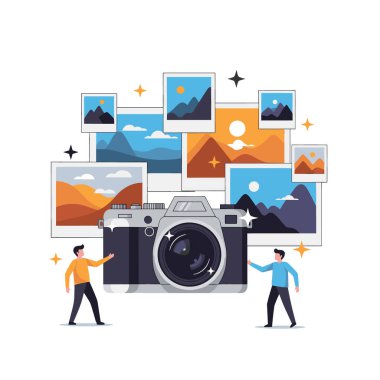 Dev vintage kamera birçok güzel manzara fotoğrafı ve fotoğrafçılığın sanatını ve tutkusunu kutlayan minik insanlarla çevrilidir..