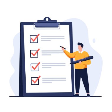 Adam dev bir panonun yanında duruyor ve büyük bir listedeki maddeleri işaretliyor, organizasyonu, görev yönetimini ve tamamlamayı simgeliyor..