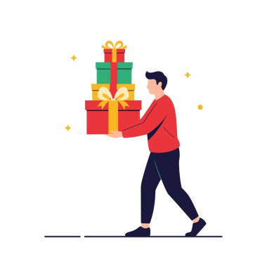 Mutlu adam yürürken, doğum günü, bayram ya da özel bir etkinliği kutlamaya hazırlanırken bir yığın renkli paket taşır..