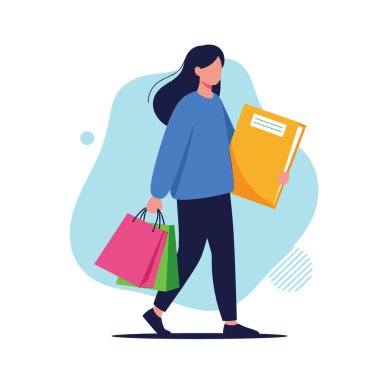 Genç bir kadın renkli alışveriş çantaları ve iş ile yaşam arasındaki dengeyi temsil eden sarı bir klasörle yürüyor..