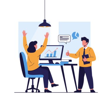 İki ofis arkadaşı, bilgisayar ekranında başarılı bir iş büyüme grafiğini alkışlayarak kutluyor..