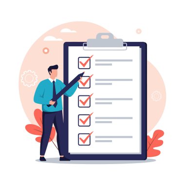 Mavi gömlekli ve kravatlı işadamı, görevler için dev bir kontrol listesi panosundaki öğeleri işaretlemek için büyük bir kalem kullanıyor.