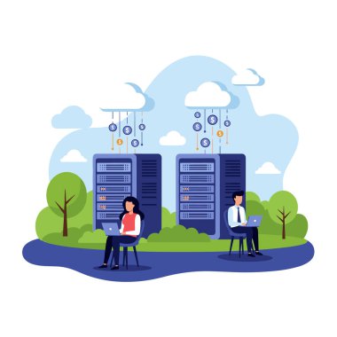 Diz üstü bilgisayarlı iki ofis çalışanı, yüzen bozuk paralarla yeşil bir arazide veri merkezleri ve bulut sunucularını yönetiyor..