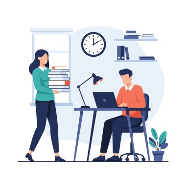 Ağır bir kitap yığını taşıyan bir kadın, elinde lambayla laptopuyla yoğun bir şekilde çalışan bir adama yaklaşır..