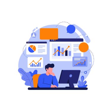 Bir bilgisayar masasında çalışan adam çeşitli dijital veri pencereleri ve grafikleri ile çevrilidir..