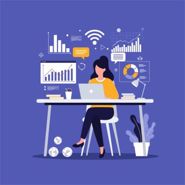 Dizüstü bilgisayarlı bir masada çalışan kadın, yüzen dijital grafik ve iletişim araçlarıyla çevrilidir..