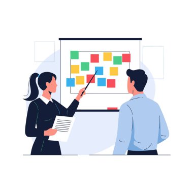 İki iş arkadaşı planlama oturumunda renkli yapışkan notlarla dolu beyaz bir panoda fikirleri tartışıyor..