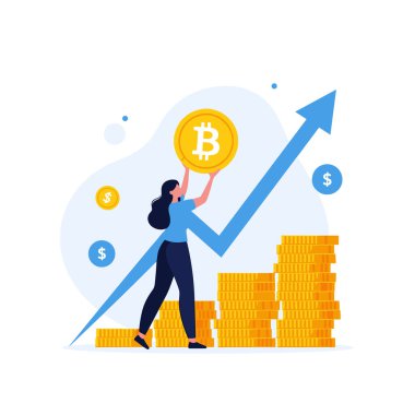 Kadının elinde mavi bir ok ve yatırım için yığınla altın para olan dev bir Bitcoin var..