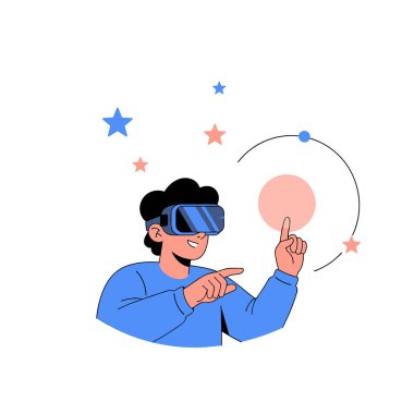 Sanal gerçeklik kulaklığı takan adam, yüzen yıldızlar ve dijital ortamda kozmik dairesel arayüzlerle etkileşime girer..