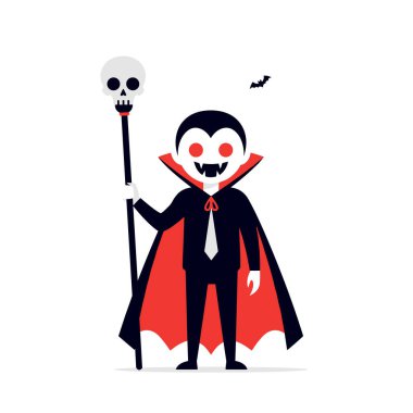 Siyah pelerin giyen ve Cadılar Bayramı 'nda üzerinde beyaz kafatası olan uzun bir değnek tutan ürkütücü vampir karakteri..