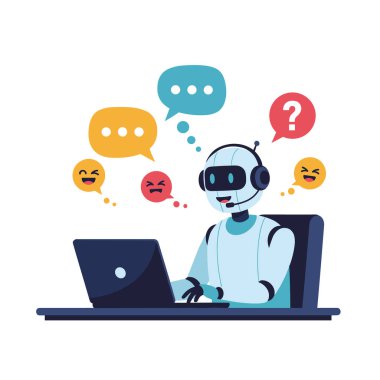 Laptop bilgisayarında çalışan zeki sohbet robotu çeşitli sosyal emojileri olan renkli konuşma baloncuklarıyla çevrili..