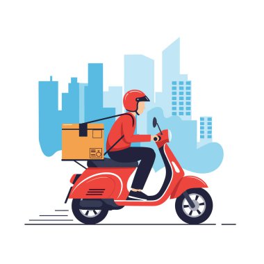 Arkasında paket kutusu olan kırmızı scooter kullanan hızlı teslimatçı mavi şehir arka planından geçiyor..