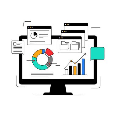 Çeşitli bilgi grafiklerini gösteren modern masaüstü monitörü beyaz bir arkaplan üzerinde veri görselleştirmeleri ve dosya dizinlerini gösterir.