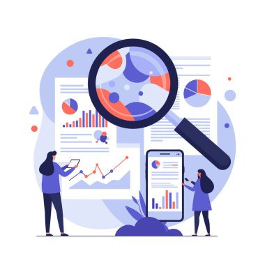 Profesyonel ekip, çeşitli veri grafikleri ve mobil analiz raporlarını analiz etmek için geniş bir büyüteç kullanıyor..