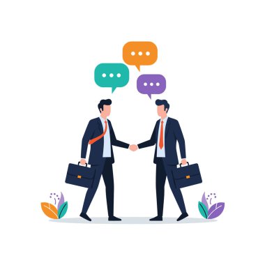 Koyu takım elbiseli iki profesyonel iş adamı tokalaşırken renkli konuşma balonları bir toplantıda üstlerinde beliriyor..