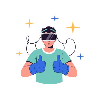 Sanal gerçeklik kulaklığı ve mavi eldivenler takan genç bir adam dijital dünyayı keşfederken iki parmağını kaldırıyor..