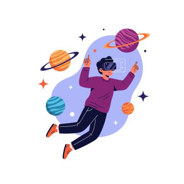 VR kulaklık takan maceraperest çocuk canlı gezegenler ve parıldayan yıldızlarla dolu geniş bir sanal gerçeklik evrenini keşfediyor..