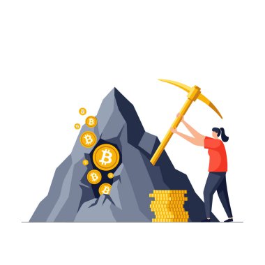 Kararlı kadın, kripto para madenciliğini temsil eden karanlık kayalık bir mağaradan büyük bitcoin madeni paralar çıkarmak için altın bir kazma kullanıyor..