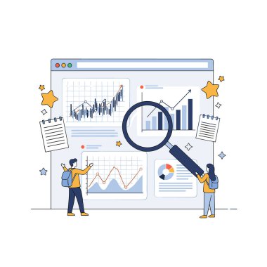 Genç veri analistlerinden oluşan bir ekip, dev bir büyüteç kullanarak finansal grafikleri ve büyüyen grafikleri kontrol ediyor..