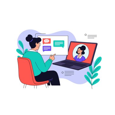 Profesyonel bir kadın bilgisayarlı bir sohbet baloncukları ekranda görünürken uzaktan yapılan bir video konferansına katılıyor..