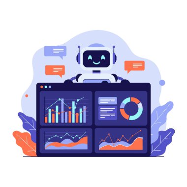 Gülümseyen beyaz insansı robot, renkli veri grafikleri ve analitik grafiklerin yer aldığı bir dijital iş konsolunu izliyor.