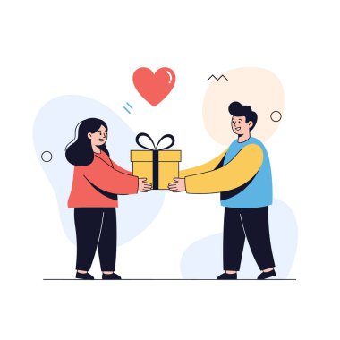 Mutlu çift, güzel sarılı sarı bir hediye kutusunu değiş tokuş ederken kırmızı bir kalp ise aşkı ve neşeyi simgeliyor..