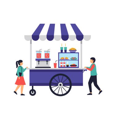 Dost canlısı sokak yemekleri satıcısı genç bir müşteriye çizgili tenteli mor bir arabadan yiyecek ve içecek servisi yapar..