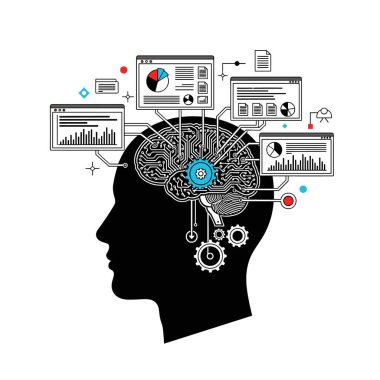 Devre kartları, dişliler ve finansal veri görselleştirmeleri ile kompleks mekanik bir beyin içeren bir insan kafası silueti.