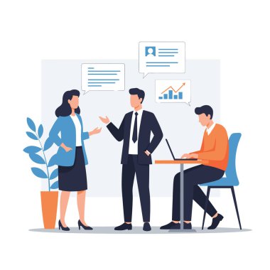 Şirket ekibi modern bir ofiste profesyonel bir tartışmaya girişirken bir meslektaşı masasında veri üzerinde çalışıyor..