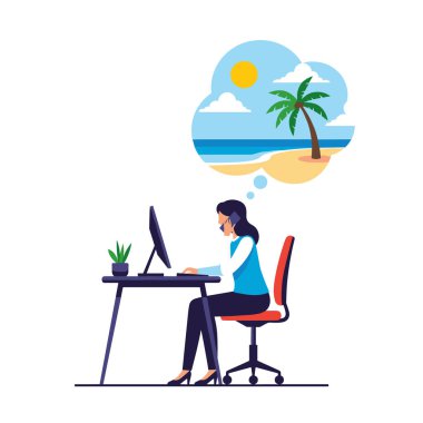 Ofis çalışanı masasında oturmuş, gevşetici tropik bir plaj kaçamağı hayal ediyor. Palmiye ağaçları ve güneşli bir gökyüzü var..