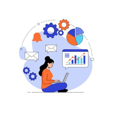 Profesyonel bir kadın dizüstü bilgisayarıyla yerde oturur ve birden fazla görevi temsil eden vites, çizelge ve zarflar gibi iş simgeleriyle çevrilidir..