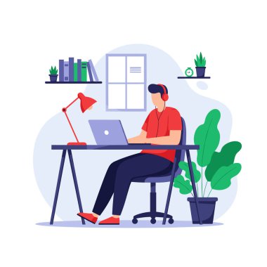 Öğrenci, organize bir masada kırmızı lamba, kitap ve kapalı mekanlarda çalışırken odaklanmış uzaktan öğrenme için kulaklık takıyor..