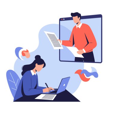 Kadın, uzaktan kumandalı ekip çalışması ve işbirliği için bir video çağrı penceresinden iş arkadaşıyla iletişim kurarken bilgisayarla masasında çalışıyor..