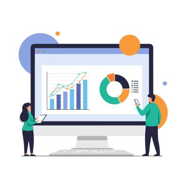 Diverse team of people look at a massive computer monitor displaying various colorful data charts, graphs, and analytics for business insights.