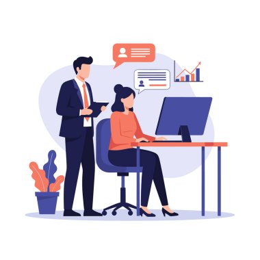 Profesyonel yönetici bilgisayar masasında çalışan bir kadın çalışanın arkasında duruyor rehberlik, akıl hocalığı ve şirket denetimi sağlamak için..