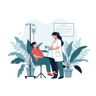 Kendini adamış hemşire, büyük yeşil bitkilerle çevrili rahat bir klinikte serum tedavisi gören bir hastaya tıbbi bakım sağlar..
