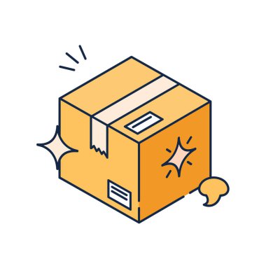 Özel bir teslimatı veya paketi temsil etmek için bantla mühürlenmiş ve küçük yıldızlarla süslenmiş kahverengi bir karton kutunun Isometric çizimi.