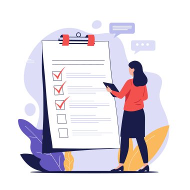 Kırmızılı profesyonel kadın, tamamlanmış görevleri ve başarıyı simgeleyen çoklu kırmızı işaretli dev bir pano kontrol listesinin yanında duruyor..