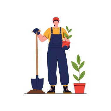 Profesyonel bahçıvan, doğa bakımını ve peyzajı temsil etmek için bir bahçede çalışırken elinde küçük bir saksı bitkisi ve kürek tutuyor..