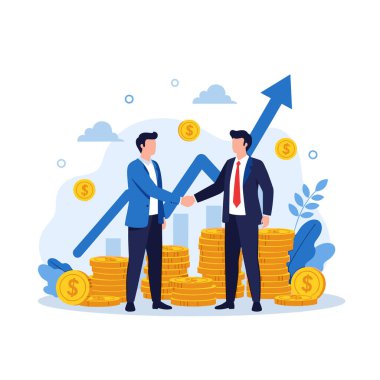 Yükselen kar okunun önünde tokalaşan iki işadamı ve altın para yığını başarılı finansal ortaklığı simgeliyor..