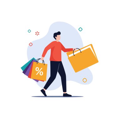Yüzdelik sembollü rengarenk alışveriş torbaları taşıyan adam, alışveriş çılgınlığını ve indirimleri temsil ediyor..