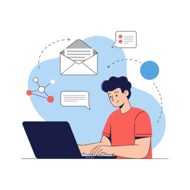 E- posta zarfları, mesaj baloncukları ve dijital iletişimi temsil eden veri sembolleriyle dizüstü bilgisayarda çalışan adam.