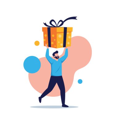 Kutlama, cömertlik ve özel etkinlikleri temsil eden kafasında siyah kurdele olan büyük sarı bir hediye kutusu taşıyan mutlu bir adam..