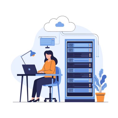 Ağ mühendisi kadın dizüstü bilgisayarın yanında çalışıyor. Üzerinde mavi bulutlar var. Altyapısını ve desteğini tasvir ediyor..