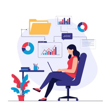 Profesyonel bir kadın ofis koltuğunda oturuyor ve arka planda çeşitli veri görselleştirme grafikleri ve simgeleriyle dizüstü bilgisayarıyla çalışıyor..