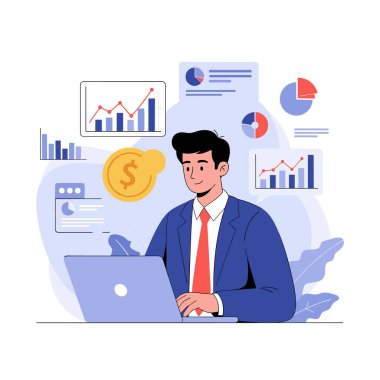 Mavi takım elbiseli başarılı bir işadamı. Etrafı finansal haritalar ve veri analizi için dolar simgeleriyle çevrili..