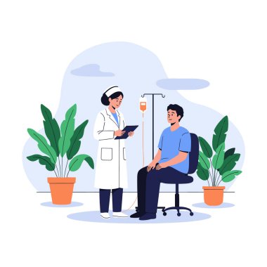 Beyaz önlüklü bir kadın doktor oturmuş serum tedavisi gören bir hastaya bakarken not defterini kontrol ediyor..